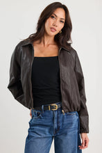 Load image into Gallery viewer, STORIES BE TOLD TROUPE CHOCOLATE PU LEATHER ZIP THROUGH BUBBLE HEM JACKET

