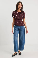 Load image into Gallery viewer, STORIES BE TOLD UPLIFTING PLUM POLKA DOT SATIN SHORT SLEEVE TOP

