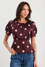 Load image into Gallery viewer, STORIES BE TOLD UPLIFTING PLUM POLKA DOT SATIN SHORT SLEEVE TOP
