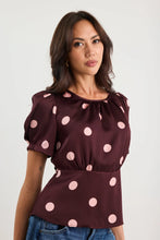 Load image into Gallery viewer, STORIES BE TOLD UPLIFTING PLUM POLKA DOT SATIN SHORT SLEEVE TOP
