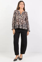Load image into Gallery viewer, coming soon | BY ROSA WOODLAND BLACK ZEBRA TIE NECK FLOUCE LONGSLEEVE TOP
