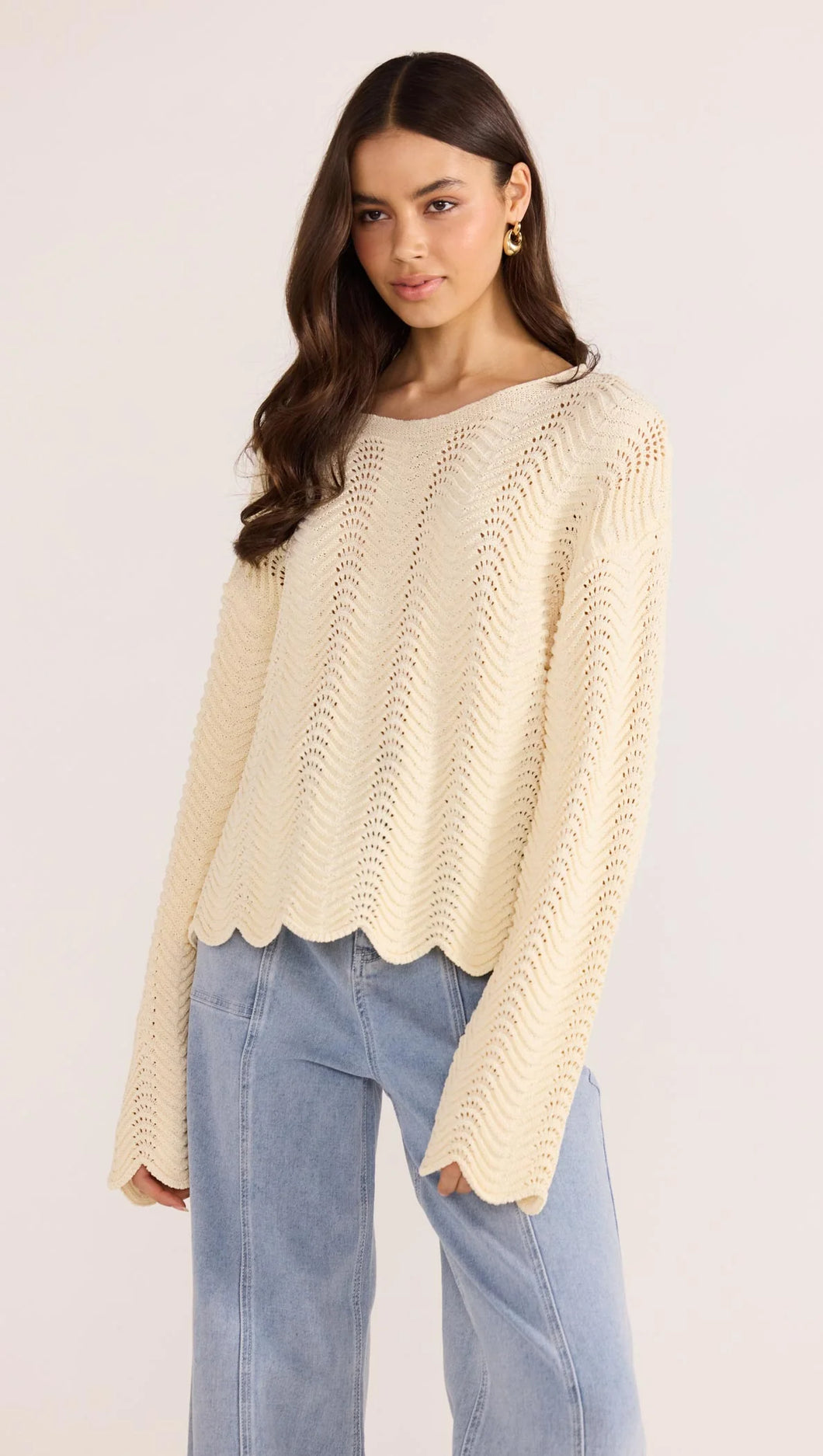MINK PINK BROOKE CROCHET WAVE SWEATER CREAM