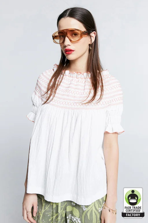 KAREN WALKER GAIA SMOCKED BLOUSE OFF-WHITE/WATERMELON