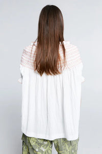 KAREN WALKER GAIA SMOCKED BLOUSE OFF-WHITE/WATERMELON