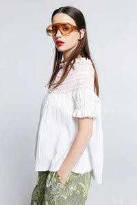 KAREN WALKER GAIA SMOCKED BLOUSE OFF-WHITE/WATERMELON