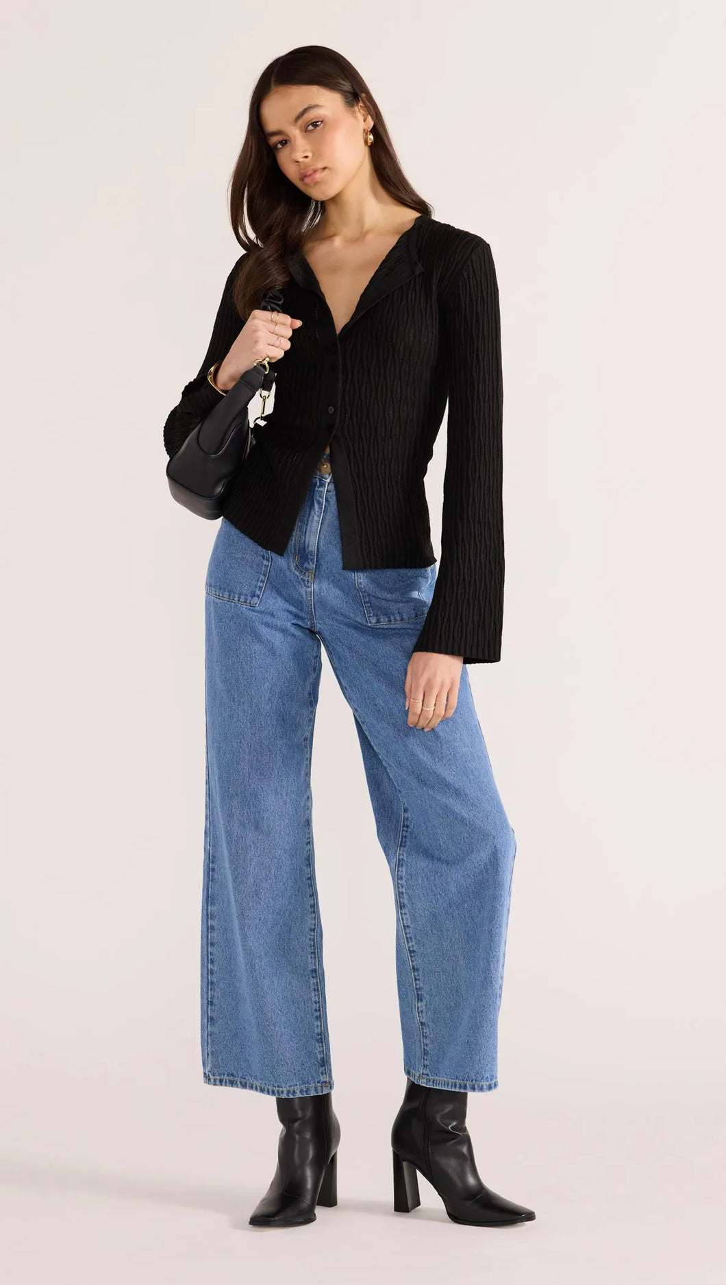 MINK PINK JOHNNA BUTTON KNIT TOP BLACK