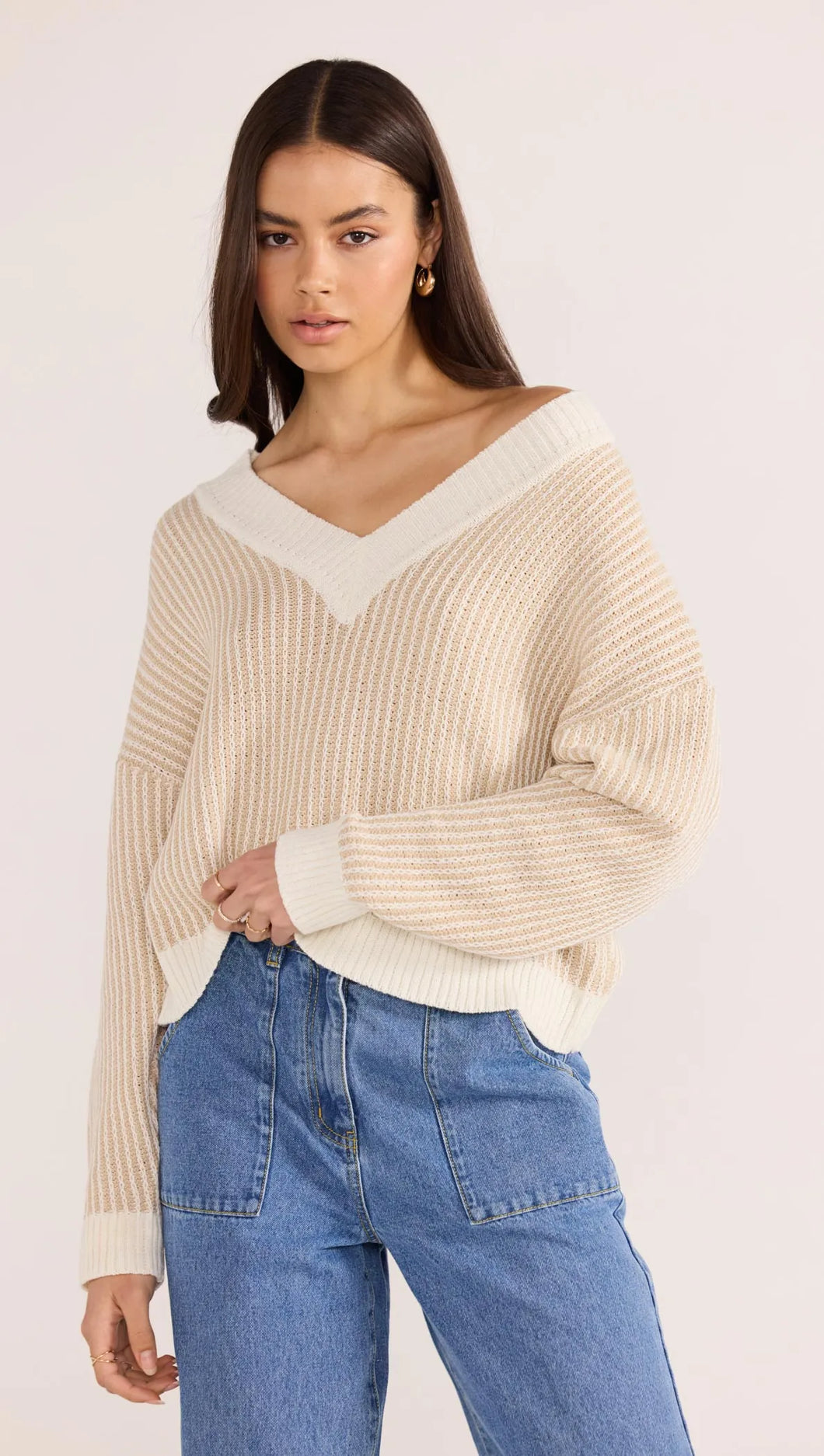 MINK PINK MEGAN V NECK SWEATER BEIGE