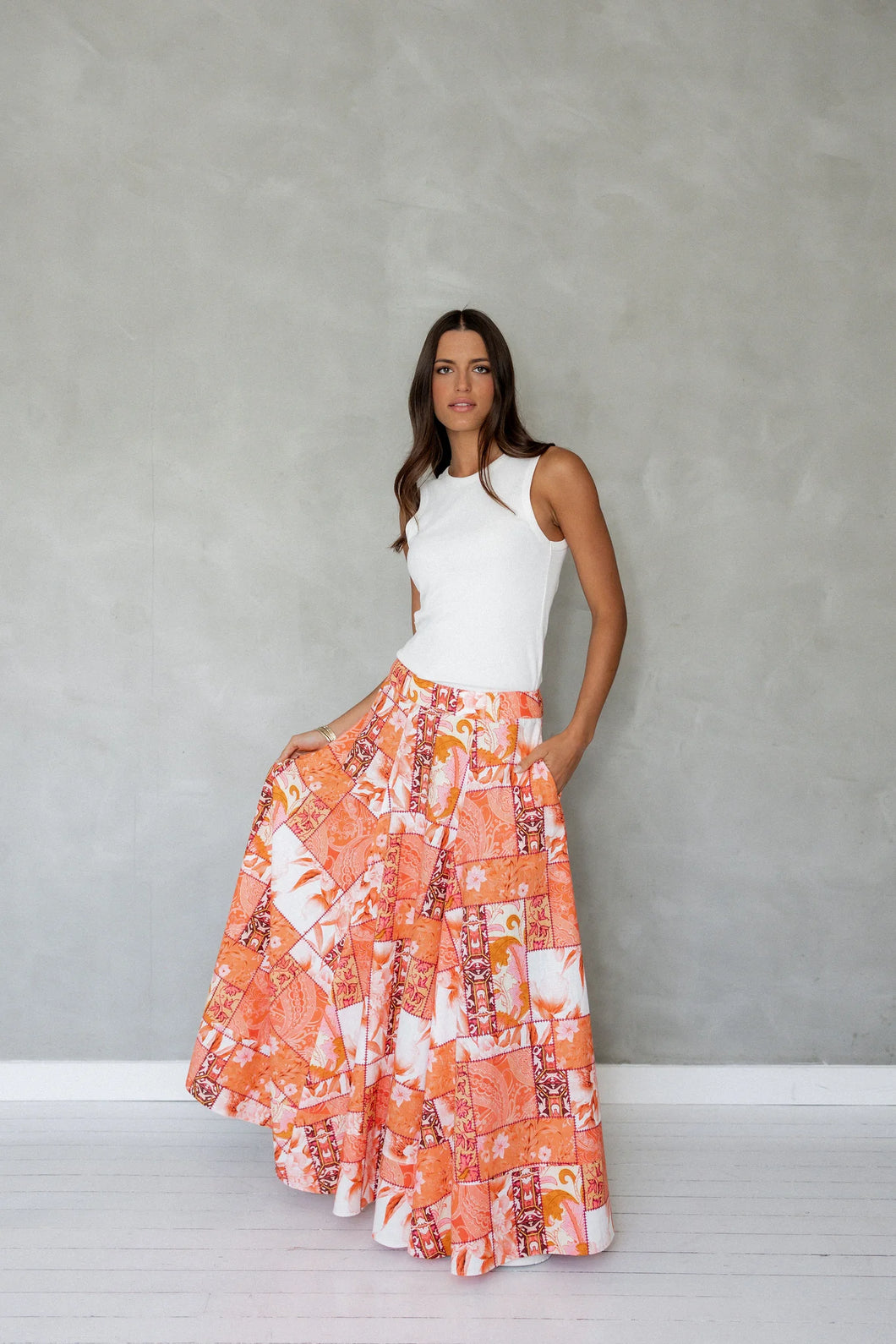 MAZU NEVER BE MAXI SKIRT ORANGE FLORAL